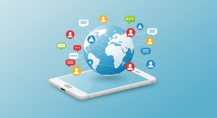 A smartphone displays a globe, connected to colorful user icons with speech bubbles, symbolizing global communication