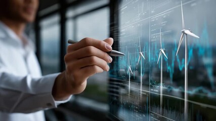 Person is writing on a computer screen with a pen. a graph of wind turbines. close-up of analyst hand annotating graph on transparent glass board, turbine silhouette, sustainable energy stocks - Powered by Adobe