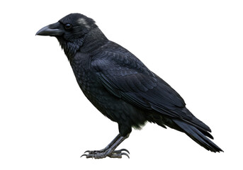 A majestic raven perched elegantly, showcasing its glossy feathers against a blurred forest backdrop