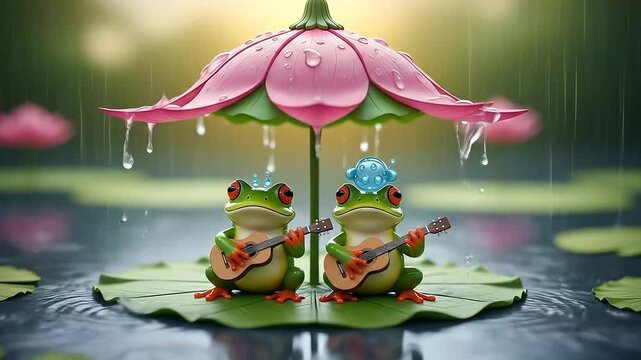 Two Cute Frogs Playing Guitars Under a Pink Lotus Umbrella in the Rain