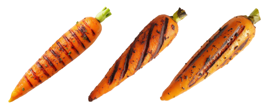 Three grilled orange carrots isolated on transparent background - Powered by Adobe