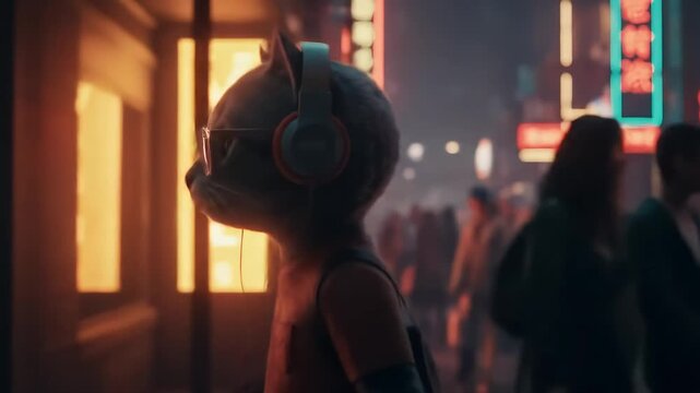 Cool Cat Strutting Through Neon City at Night