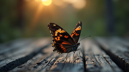Obraz premium Captivating butterfly resting gracefully on aged wooden planks basking in the warm glow of the setting sun. 