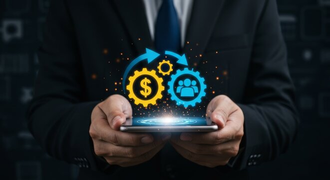 A suited individual holds a smartphone, displaying gears a dollar sign and people symbol, suggesting business efficiency