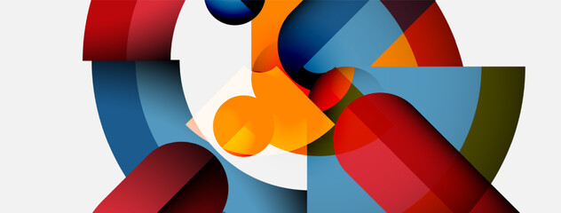 Obraz premium Abstract composition. Geometric shapes overlap, creating dynamic colorful visual experience. Modern design, clean lines, vibrant hues.