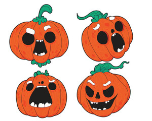 Cartoon Halloween pumpkins with funny and spooky faces. Bright orange jack-o'-lanterns perfect for seasonal crafts, kids designs, fall themes, and character illustrations.
