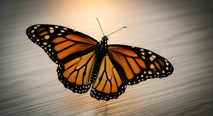 Fototapeta premium Monarch Butterfly Beauty Graceful insect with detailed wings in vibrant orange and black patterns resting delicately on neutral surface. 