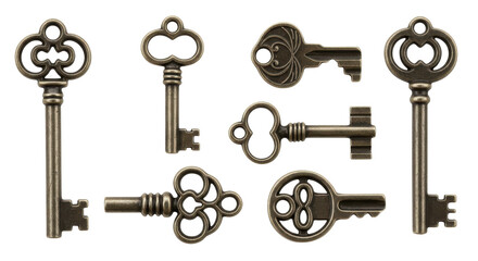 Vintage keys arranged artistically on a white background, showcasing intricate designs