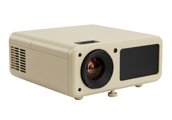 Obraz premium Beige portable projector with large lens and black screen isolated on transparent background