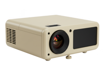 Beige portable projector with large lens and black screen isolated on transparent background