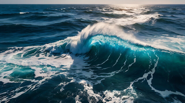 Blue ocean waves powerfully crash on the rocky coast - Powered by Adobe