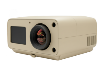 Beige projector with black lens and screen isolated on transparent background