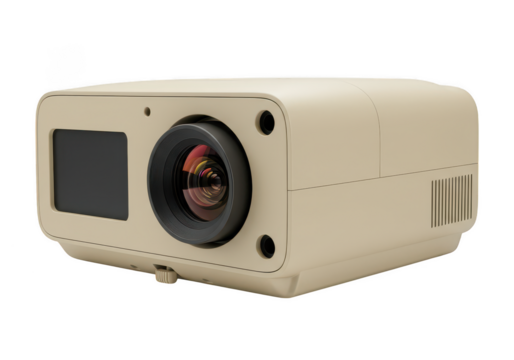 Beige projector with black lens and screen isolated on transparent background