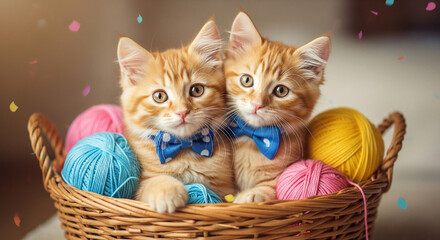 Two cute orange tabby kittens in a basket with yarn