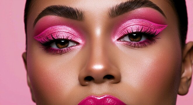 A woman's face with pink eyeshadow and lipstick, showcasing a bold makeup look against a pink background AI Generated