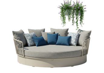Modern circular outdoor daybed with blue and patterned pillows isolated on transparent background