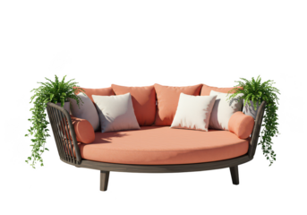 Elegant circular outdoor sofa with coral cushions and hanging plants isolated on transparent background