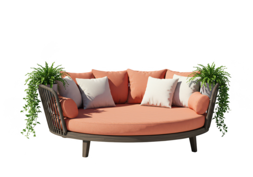 Elegant circular outdoor sofa with coral cushions and hanging plants isolated on transparent background