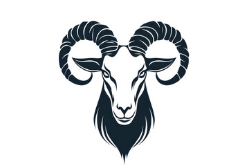 Fototapeta premium Symmetrical goat logo with curled horns, white background in silhouette .