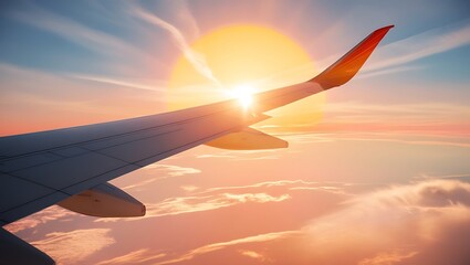 Obraz premium Airplane wing with sunset or sunny sky