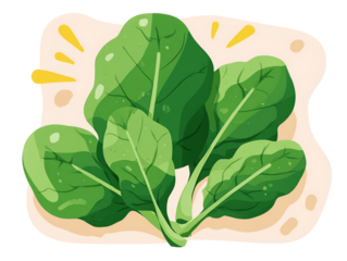 Vibrant Green Spinach Bunch Illustration Detailed Leaf Veins Textured Surface Cream Background Decorative Yellow Accents on Transparent Background, PNG