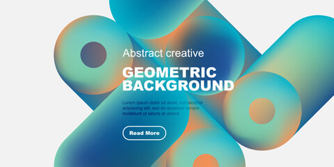 Abstract geometric background features vibrant blue, orange hues. Text overlay promotes content with read more button. Modern design.