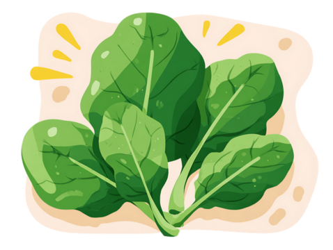 Vibrant Green Spinach Bunch Illustration Detailed Leaf Veins Textured Surface Cream Background Decorative Yellow Accents on Transparent Background, PNG