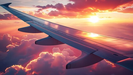 Obraz premium Airplane wing with sunset or sunny sky