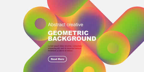 Vibrant fluid shapes overlap white space. Text promotes geometric background design, includes call to action button.