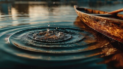 Golden Hour Ripples on Still Water with Wooden Boat