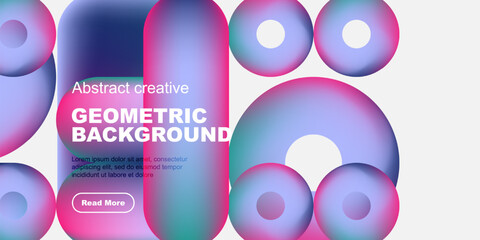 Abstract geometric background features rounded shapes, vibrant colors, text overlay, plus button. Modern design, clean aesthetic.