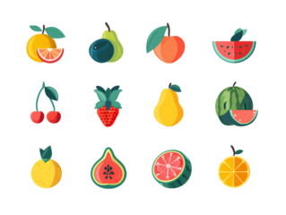Vibrant Pixel Art Fruit Icons on Transparent Background Retro Style Graphic Elements for Game Design and Illustration, PNG
