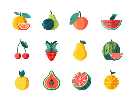 Vibrant Pixel Art Fruit Icons on Transparent Background Retro Style Graphic Elements for Game Design and Illustration, PNG