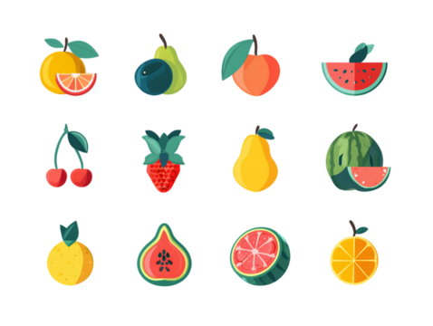 Vibrant Pixel Art Fruit Icons on Transparent Background Retro Style Graphic Elements for Game Design and Illustration, PNG