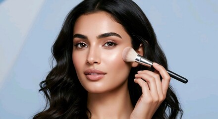 A woman with dark hair applies makeup with a brush against a light blue background, showcasing a serene beauty moment. AI Generated 