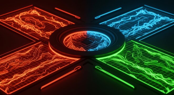 Abstract data visualization with a central circular core, four glowing quadrants displaying vibrant line graphs, and a dark, modern backdrop