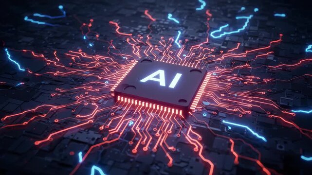 Illuminated AI Chip on Circuit Board with Glowing Data Pathways and Artificial Intelligence Power