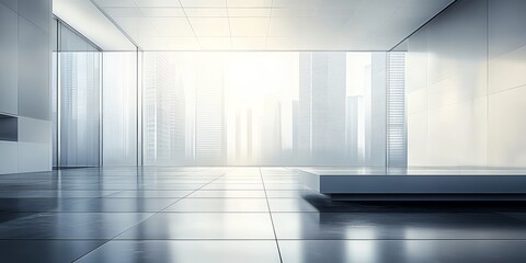 Modern minimalist interior with large windows and reflective floor