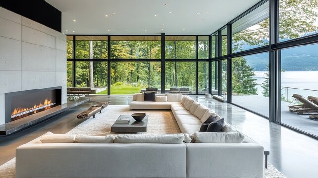 A spacious, modern living room with a minimalist fireplace and large glass windows. .