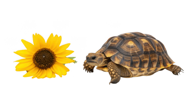 Tortoise animal and Sunflower flower isolated on transparent