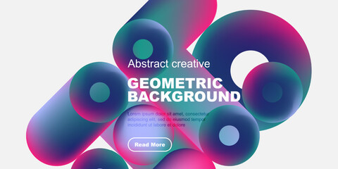 Vibrant abstract shapes overlap, creating dynamic geometric background. Text promotes further exploration. Modern design elements present.