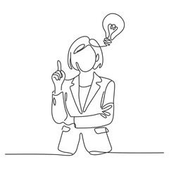 Continuous one single line drawing Young smart female and light bulb idea symbol icon vector illustration concept. The concept of thinking ideas inside the person's head.