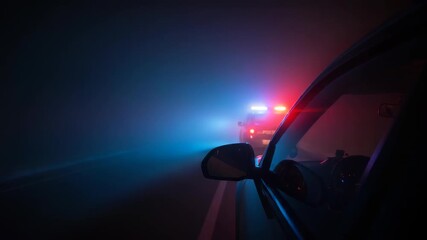 Intense chase at night with red and blue police lights reflecting on car windows