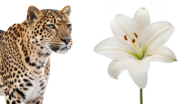 Leopard animal and Lily flower isolated on transparent
