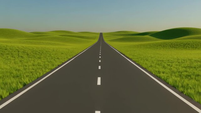 Journey through endless green hills on a long asphalt road, a highway to possibilities and