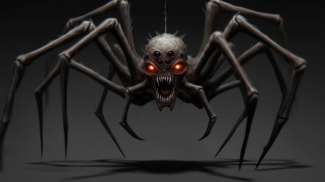 Menacing Giant Spider Creature - A digital illustration of a monstrous eight-legged spider with glowing red eyes and sharp fangs.
