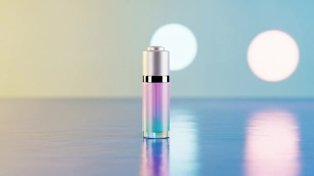 Minimalist cosmetic bottle with iridescent gradient surface standing on reflective background seamless looping HD time-lapse animation video background
