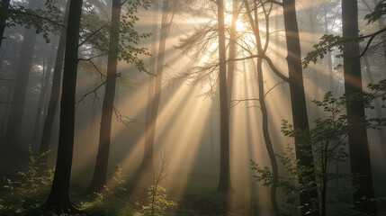 Golden sunlight beams illuminating tranquil forest nature scene misty environment serene viewpoint captivating landscape