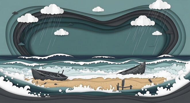 Stormy Seascape: Paper Cut-Out of a Shipwrecked Boat.