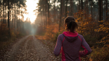 Young woman running on a forest trail during sunrise in autumn, wearing sportswear